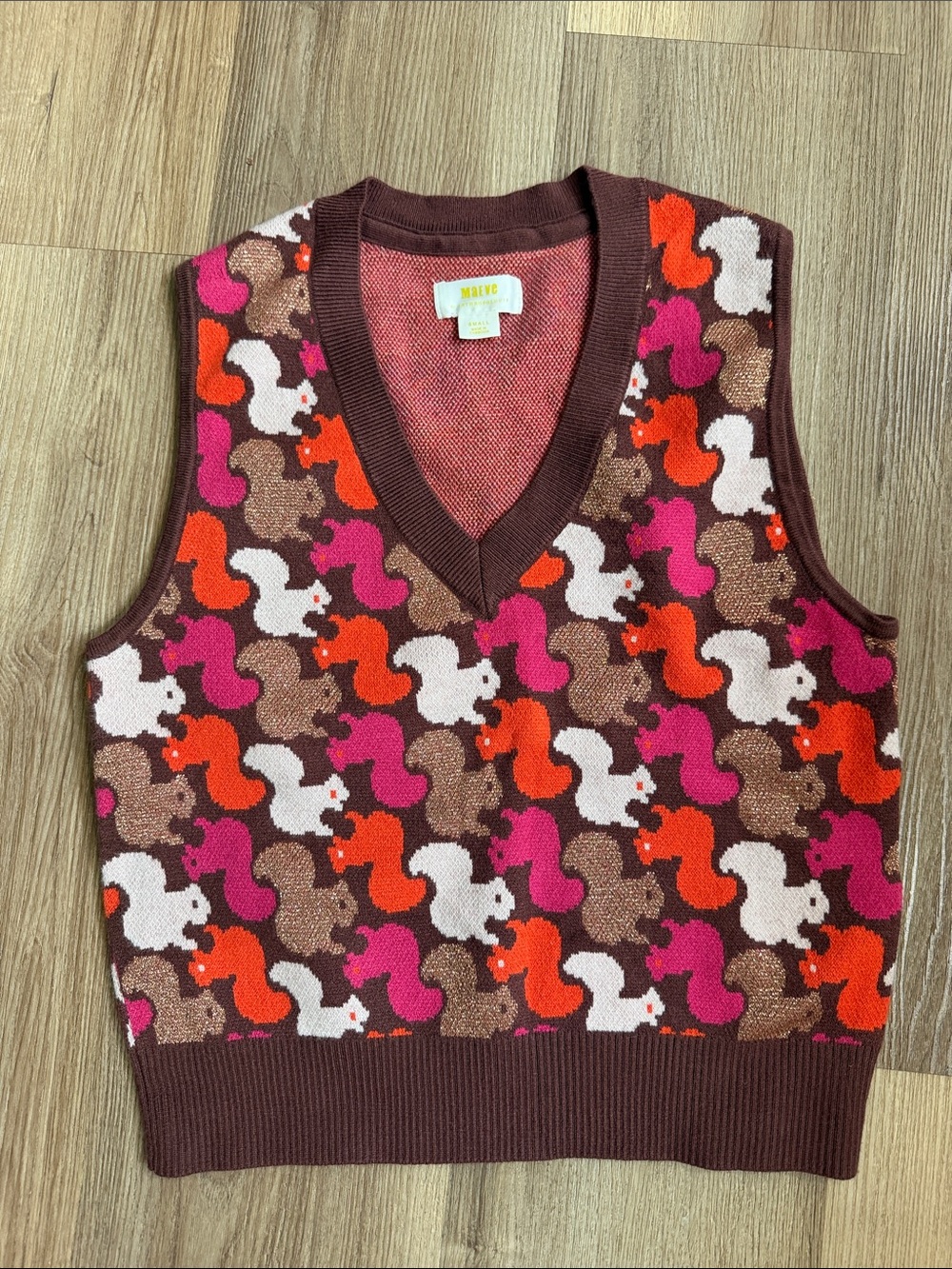 MAEVE Anthropologie Vera Jacquard Squirrel Vest Brown Pink Orange Sweater Small